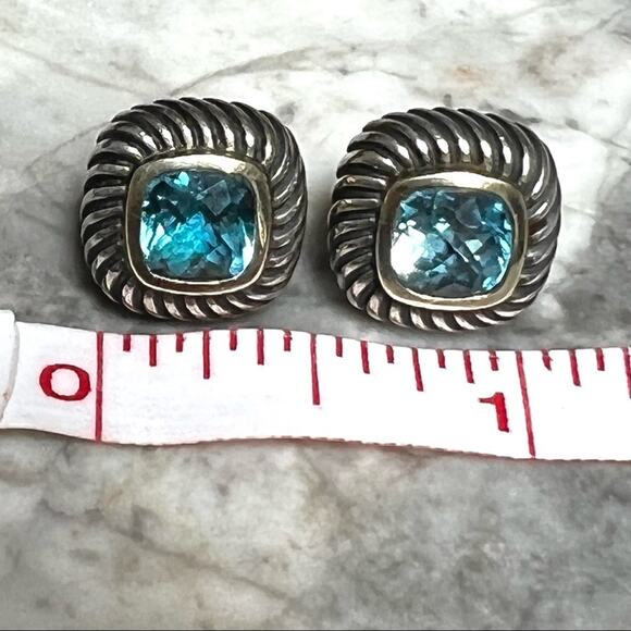 David Yurman Earrings Authentic Blue Topaz Albion Stud 14K Gold & 925 Silver - Picture 6 of 7